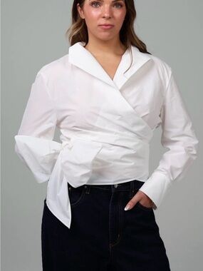Jo & Jean Tokyo Top White Cotton Poplin Wrap Blouse Long Sleeve Tie NWT Size M